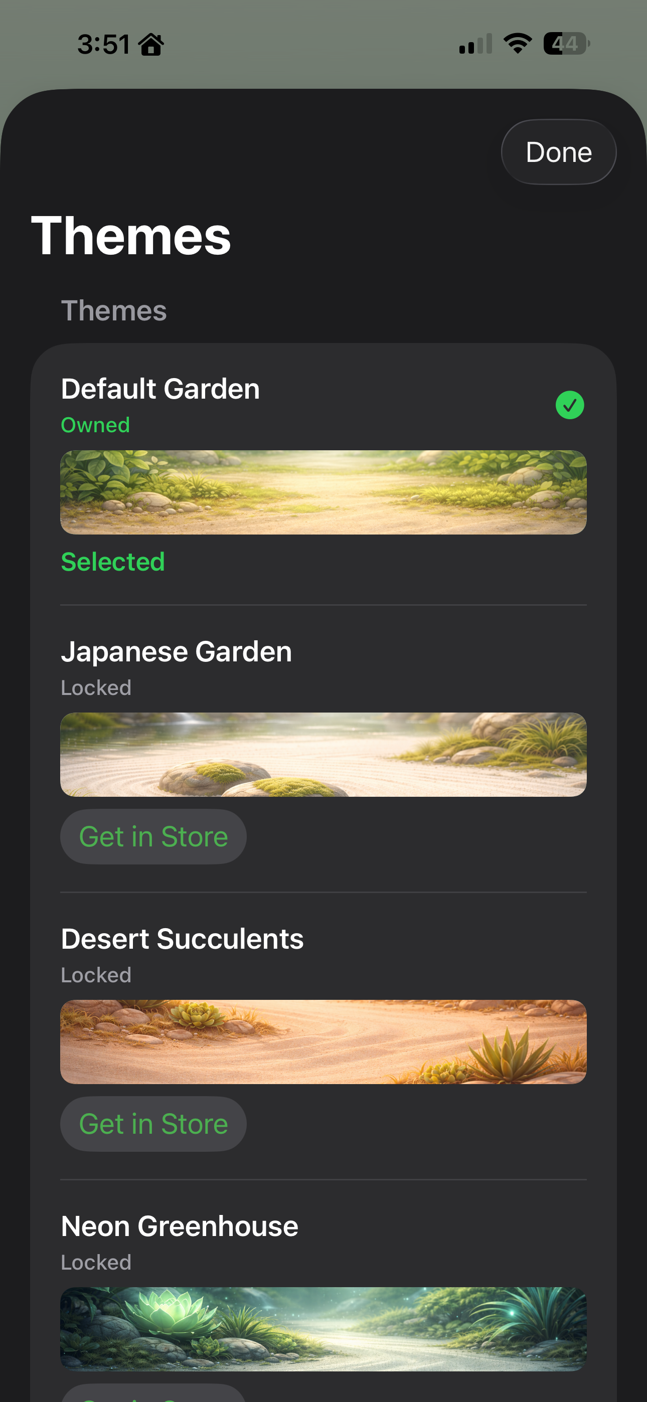 StackGarden theme selection screen with unlockable gardens