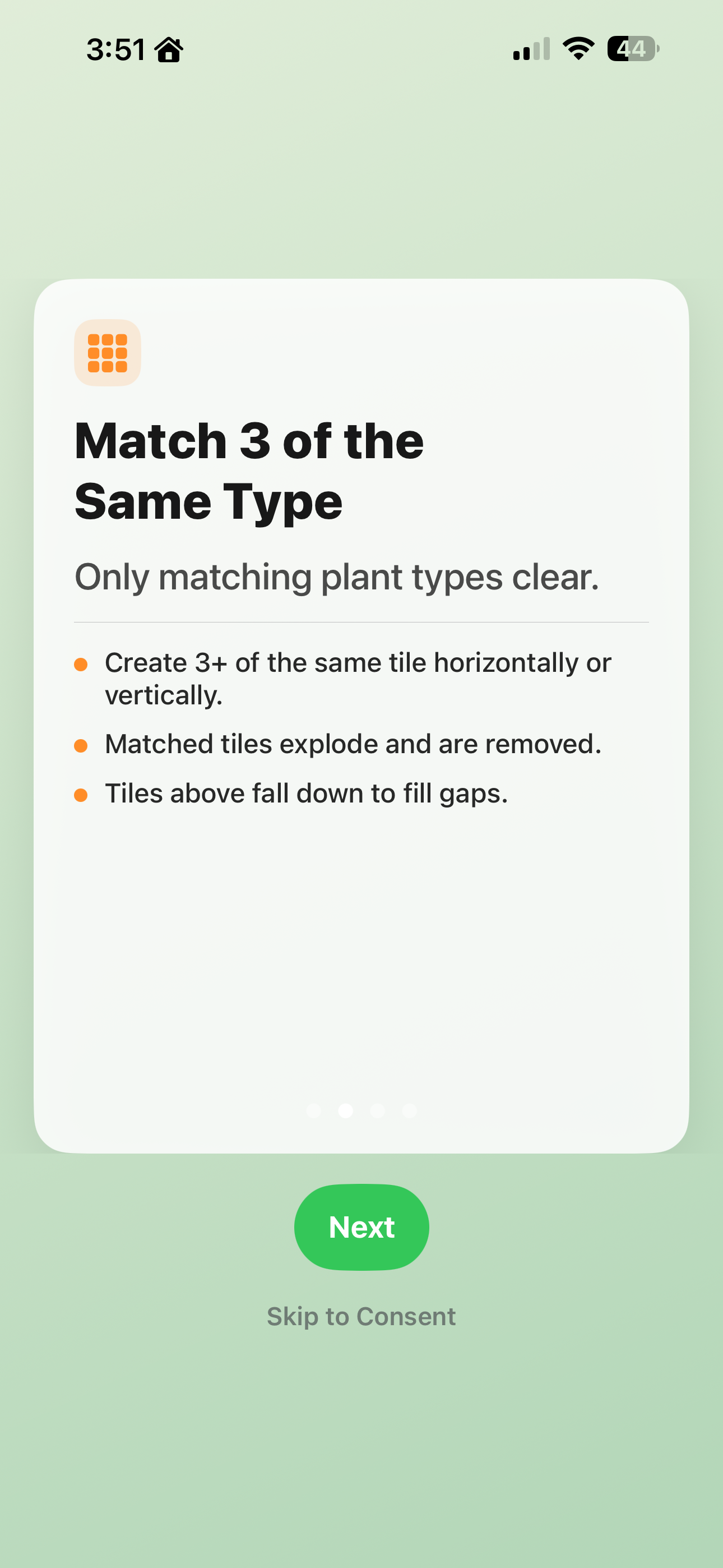 StackGarden onboarding card explaining tile matching rules