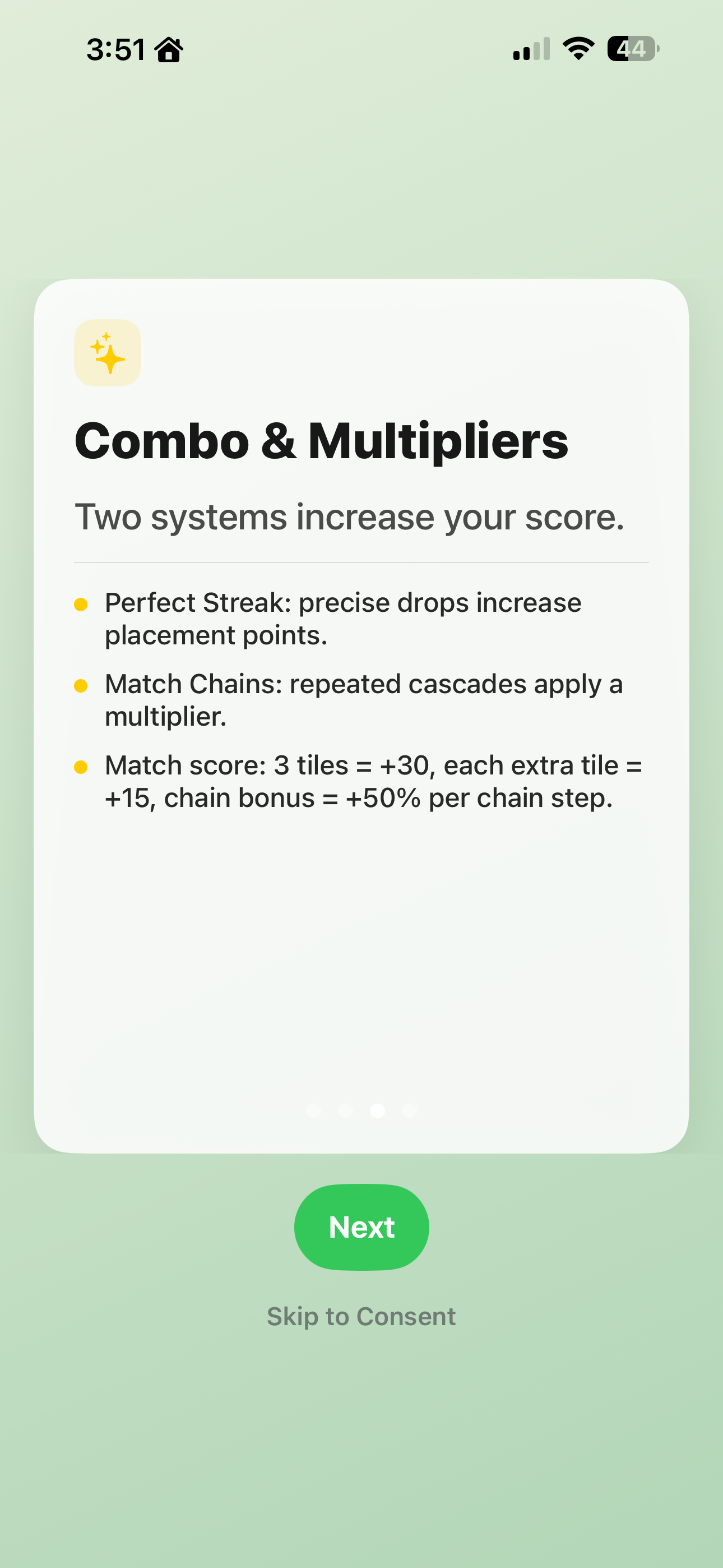 StackGarden onboarding card covering combos and multipliers