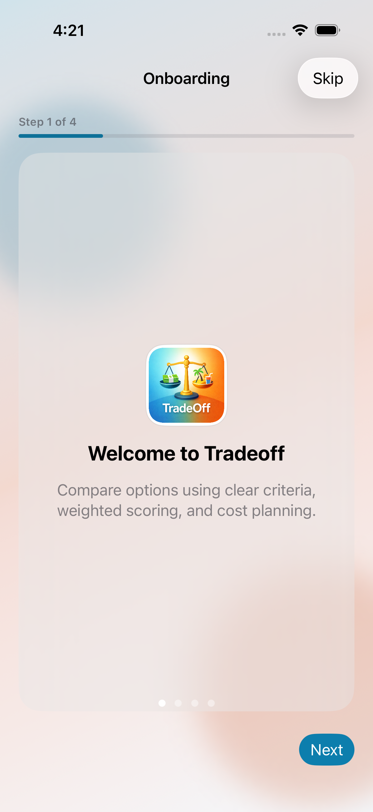 Tradeoff onboarding flow introducing decision workflow basics