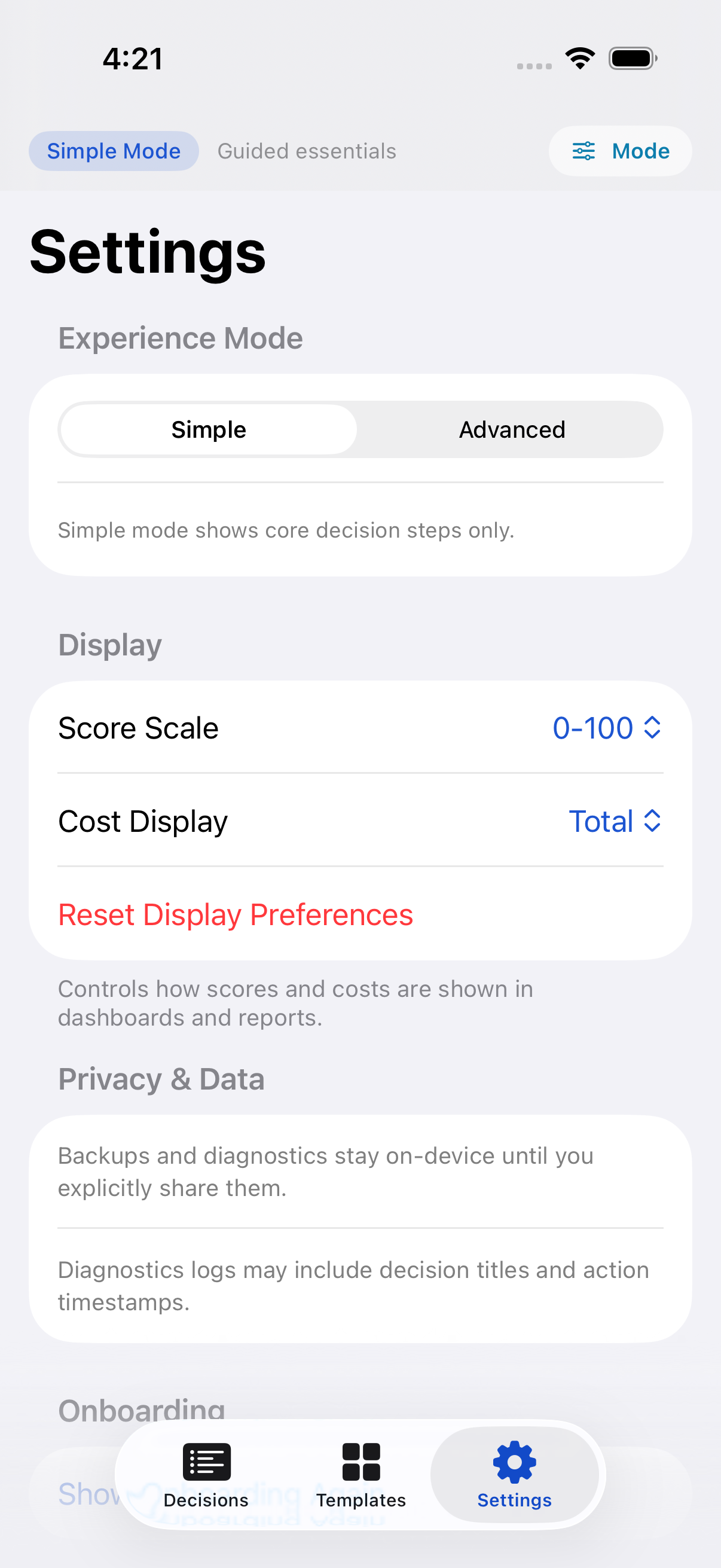 Tradeoff settings panel for preferences and behavior controls